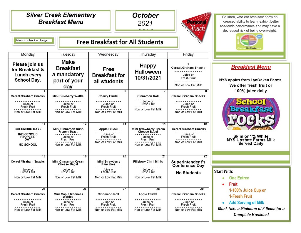 Elementary Breakfast Menu