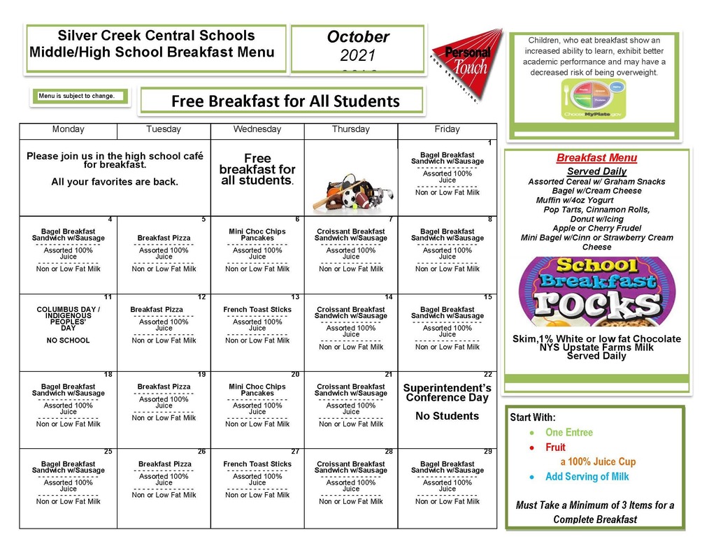 Middle and High School Breakfast Menu October 2021