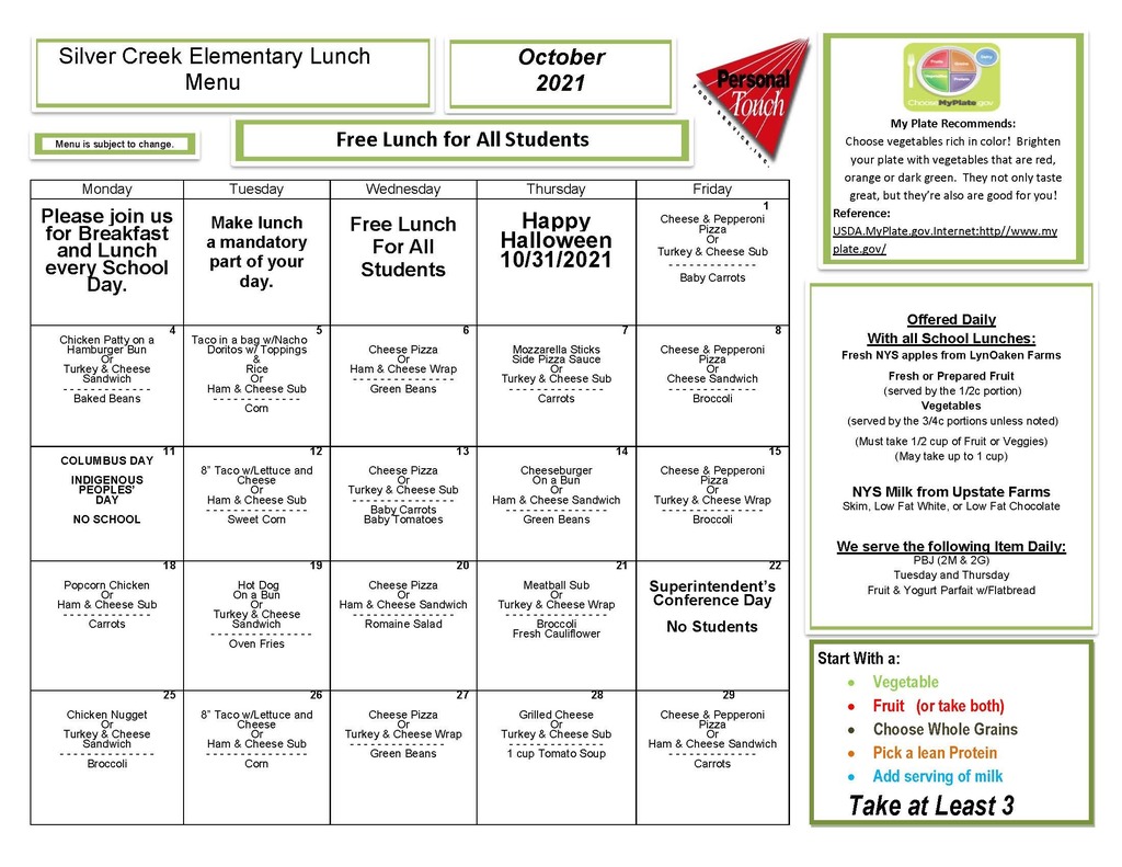 Elementary Lunch Menu October 2021