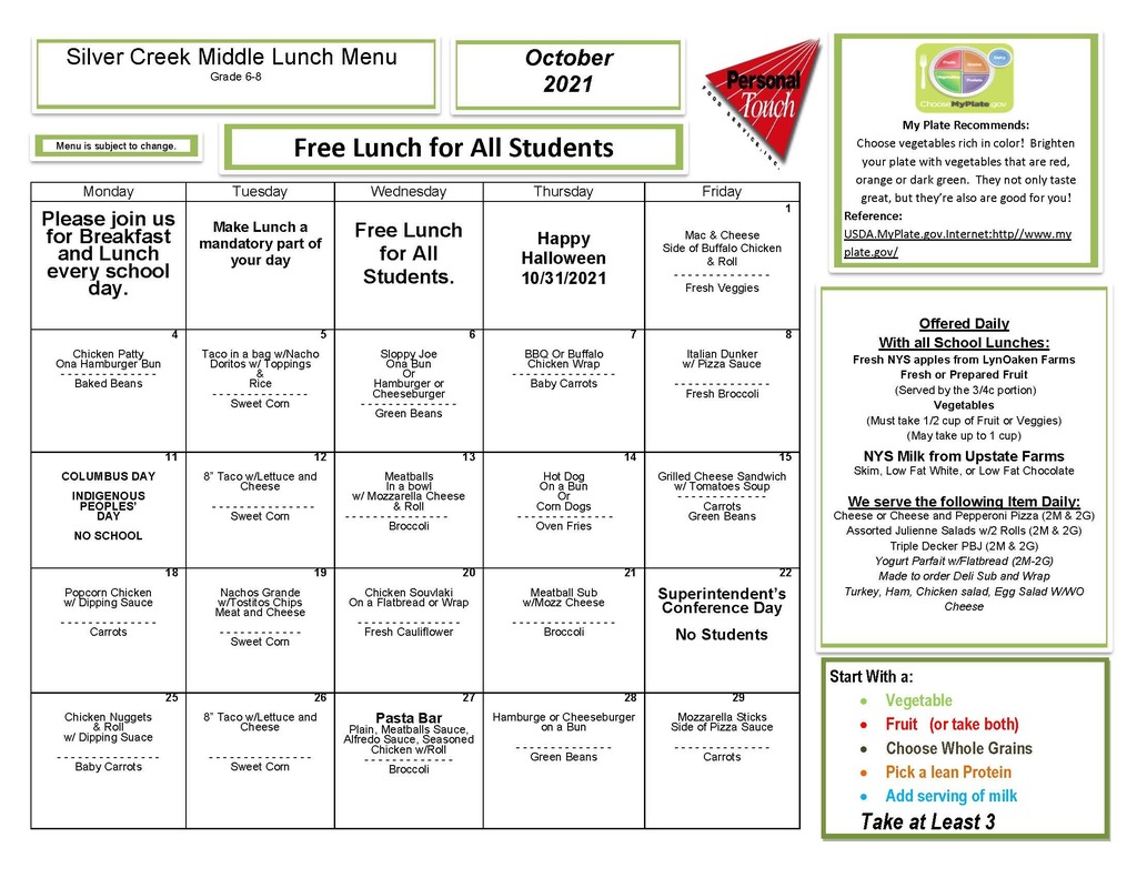 Middle School Lunch Menu October 2021