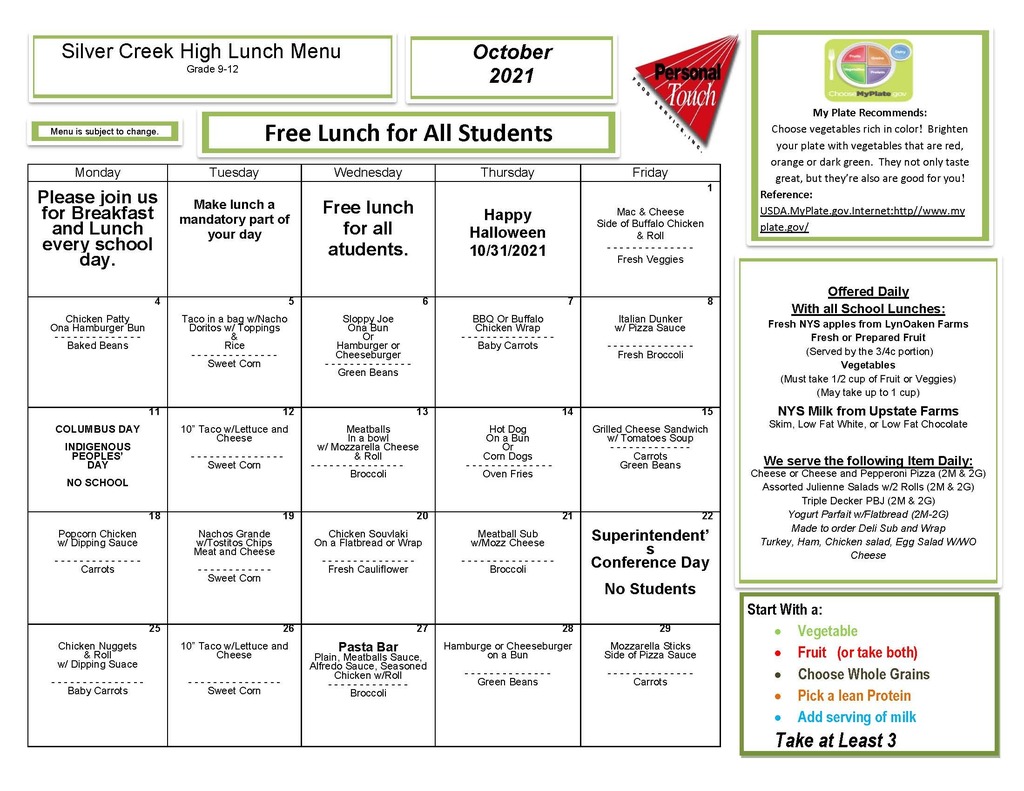 High School Lunch Menu October 2021
