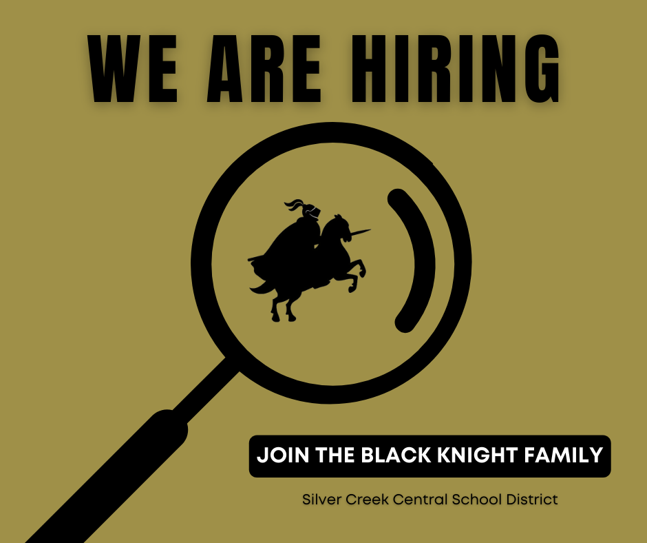 WE ARE HIRING graphic with words at top and a magnifying glass with a black knight on a horse in the middle with the words Join the Black Knight Family below with SCCS