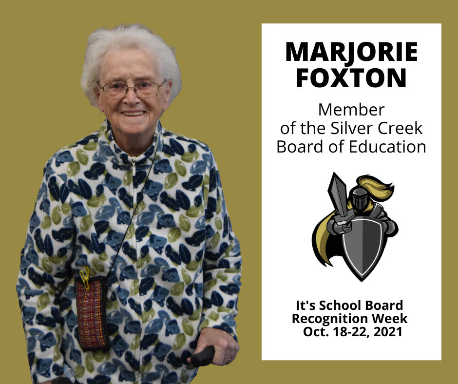 Marjorie Foxton on the left with the words Member of the Silver Creek BOE on the right with the black knight logo below