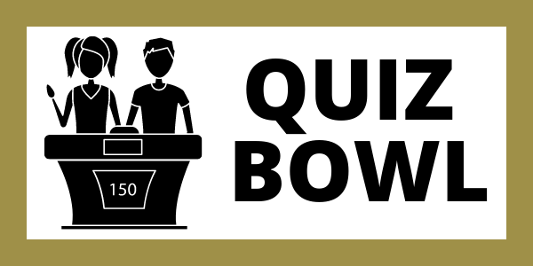 QUIZ BOWL graphic with two silhouettes at a game show style podium on the left