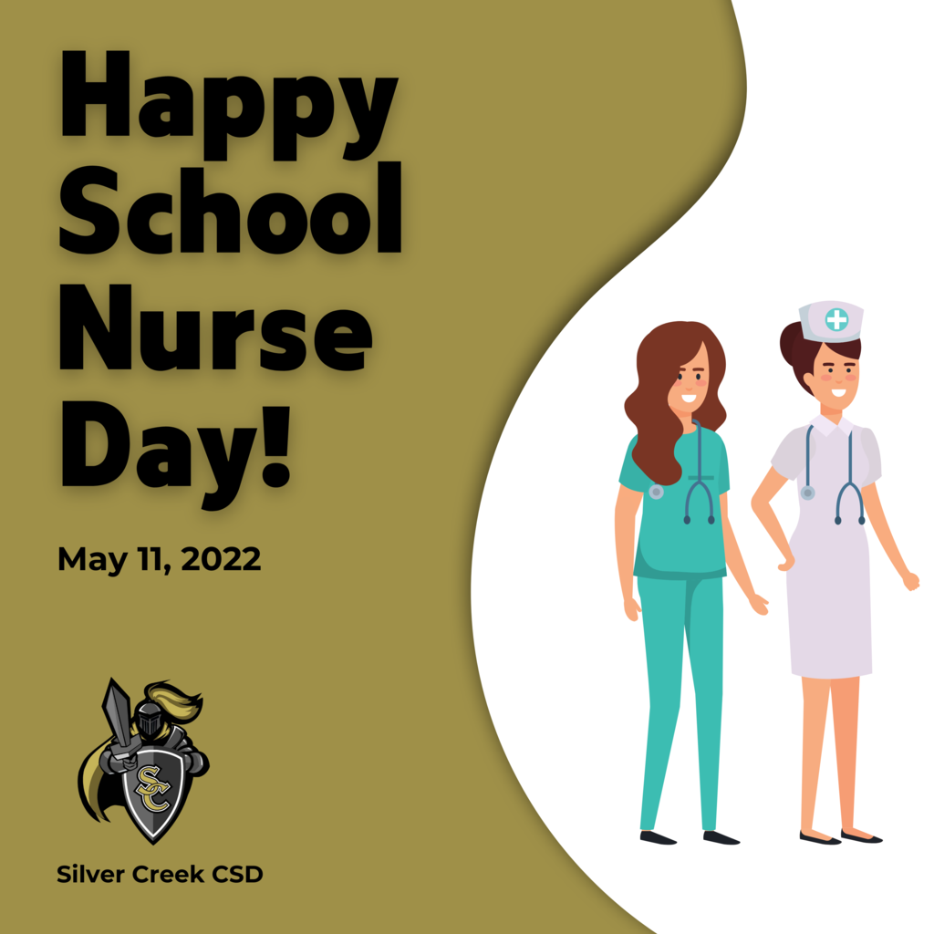 Happy School Nurse Day graphic with words on left and illustration of two nurses on the right