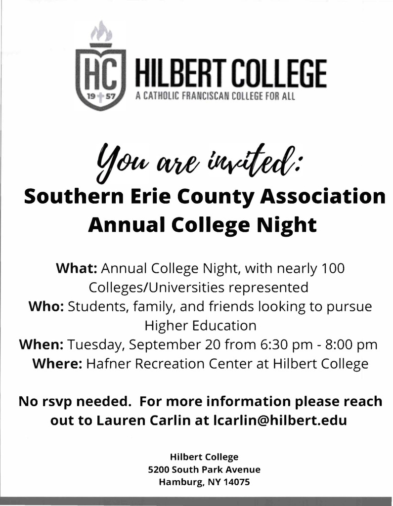 Annual College Night at Hilbert College flyer Sept. 20 2022