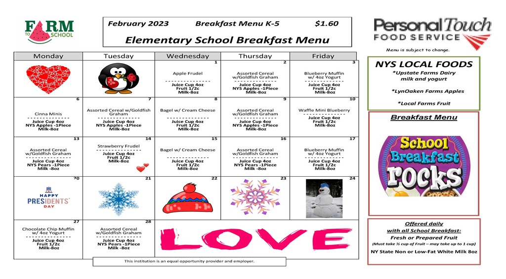 Elementary Breakfast Menu February 2023