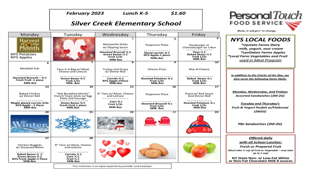 Elementary Lunch Menu February 2023