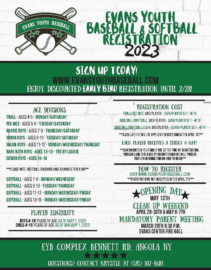 Evans Youth Baseball and Softball registration flyer 2023 